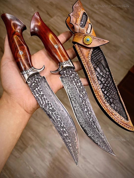 VG10 Damascus Hunting Knife Camping Survival Fixed Blade Sheath Black - AK-HT0659