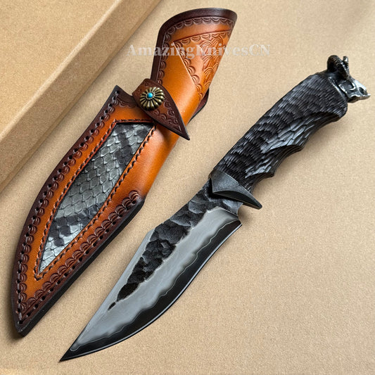 Forged Japanese San Mai Steel Hunting Knife Survival Knife Bowie Fixed Blade Black Goat Head - AK-HT0731
