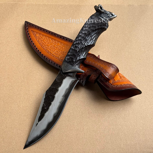 Forged Japanese San Mai Steel Hunting Knife Survival Knife Bowie Fixed Blade Black Goat Head - AK-HT0731