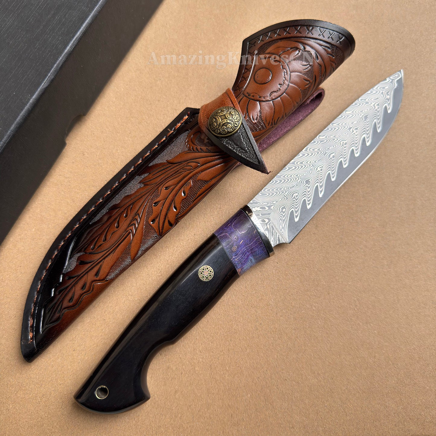 Damascus Steel Camping Hunting Knife Fixed Blade Ebony Wood Handle w/ Sheath - AK-HT0978
