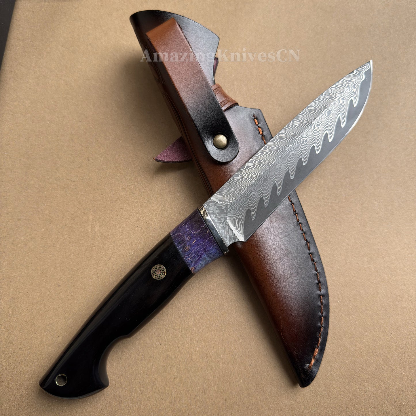 Damascus Steel Camping Hunting Knife Fixed Blade Ebony Wood Handle w/ Sheath - AK-HT0978
