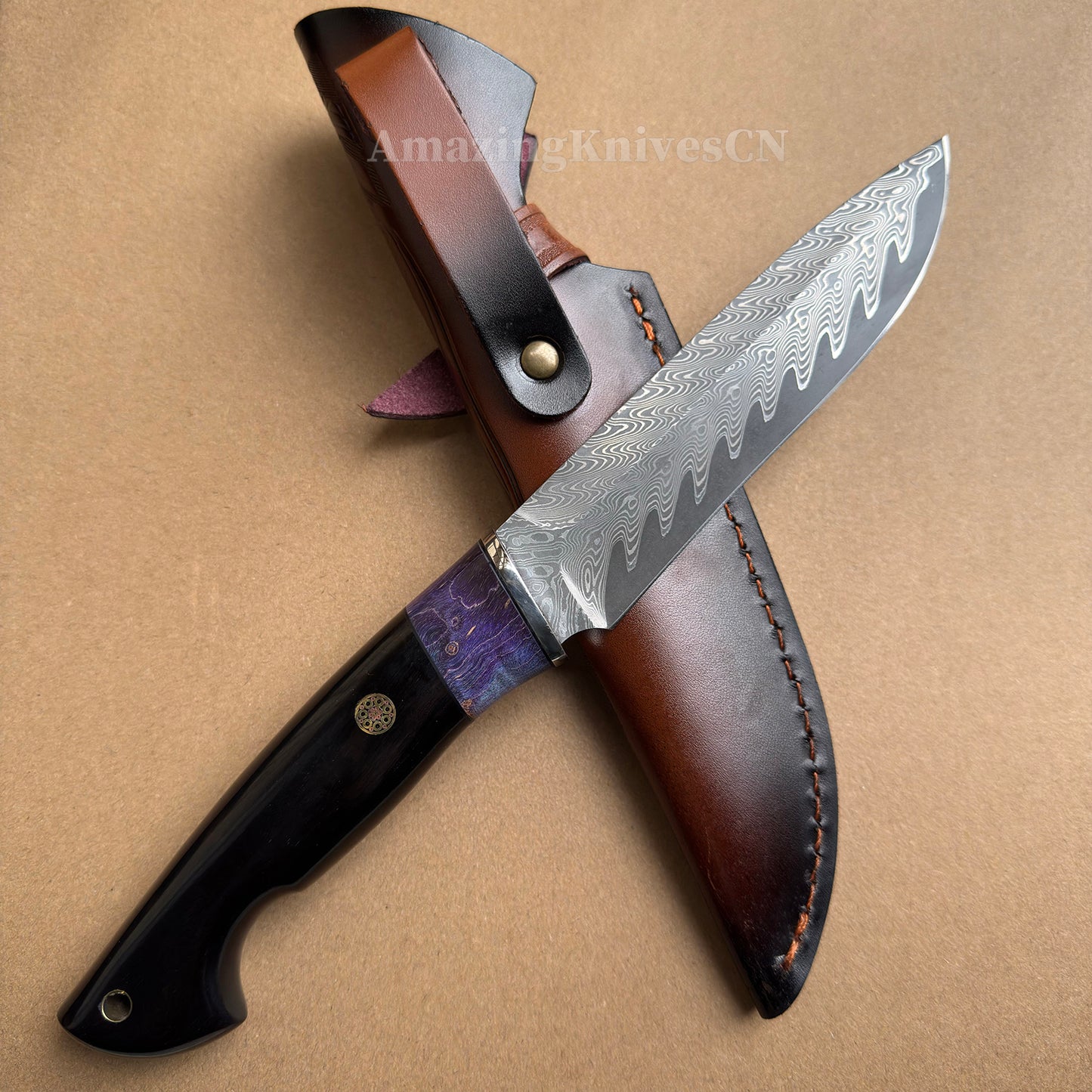 Damascus Steel Camping Hunting Knife Fixed Blade Ebony Wood Handle w/ Sheath - AK-HT0978