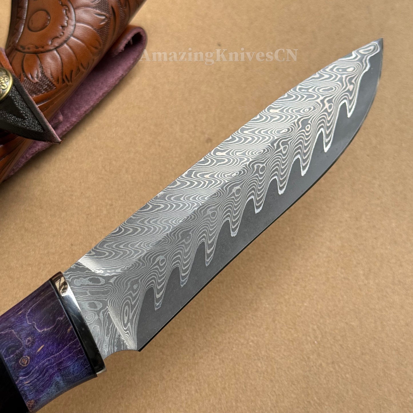 Damascus Steel Camping Hunting Knife Fixed Blade Ebony Wood Handle w/ Sheath - AK-HT0978