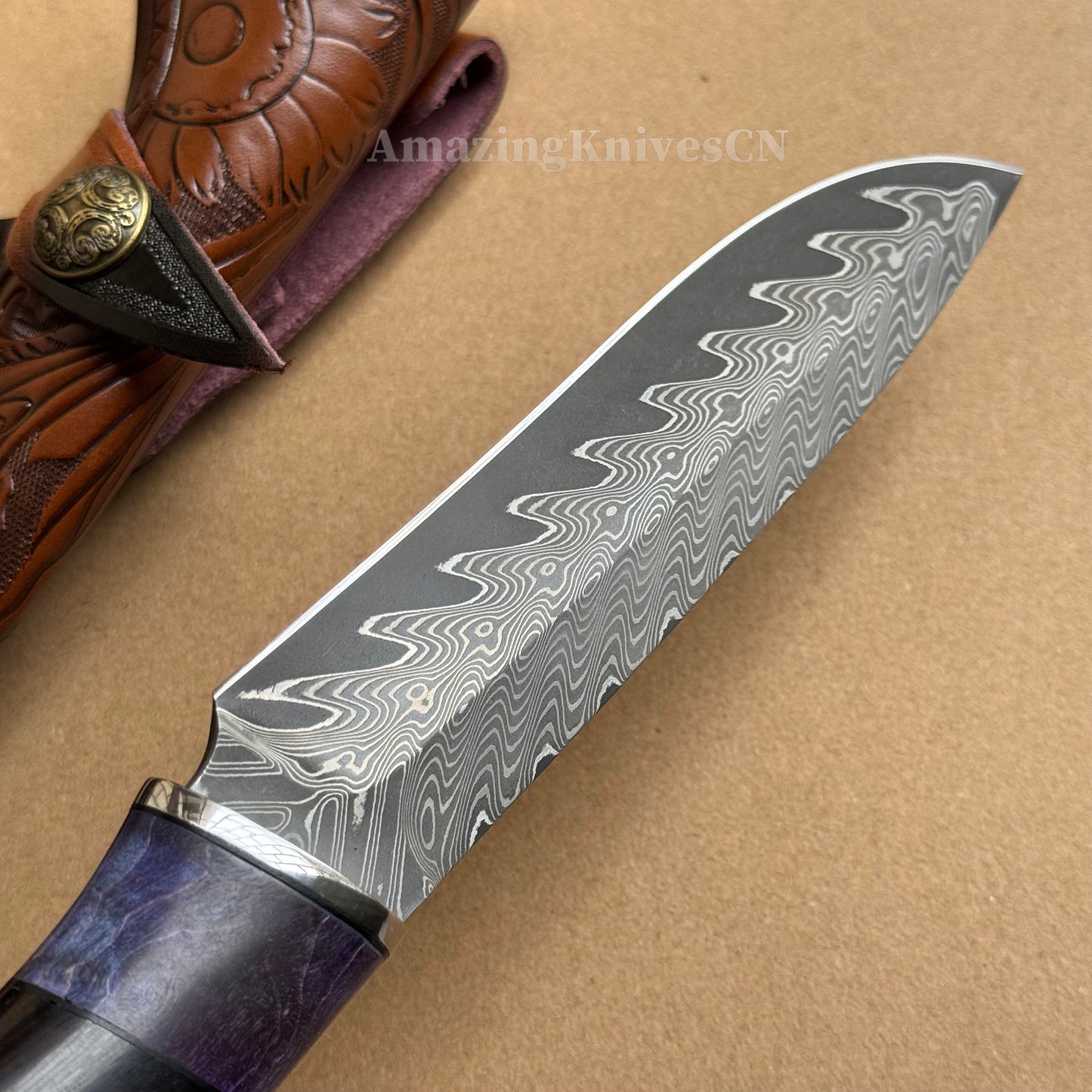 Damascus Steel Camping Hunting Knife Fixed Blade Ebony Wood Handle w/ Sheath - AK-HT0978
