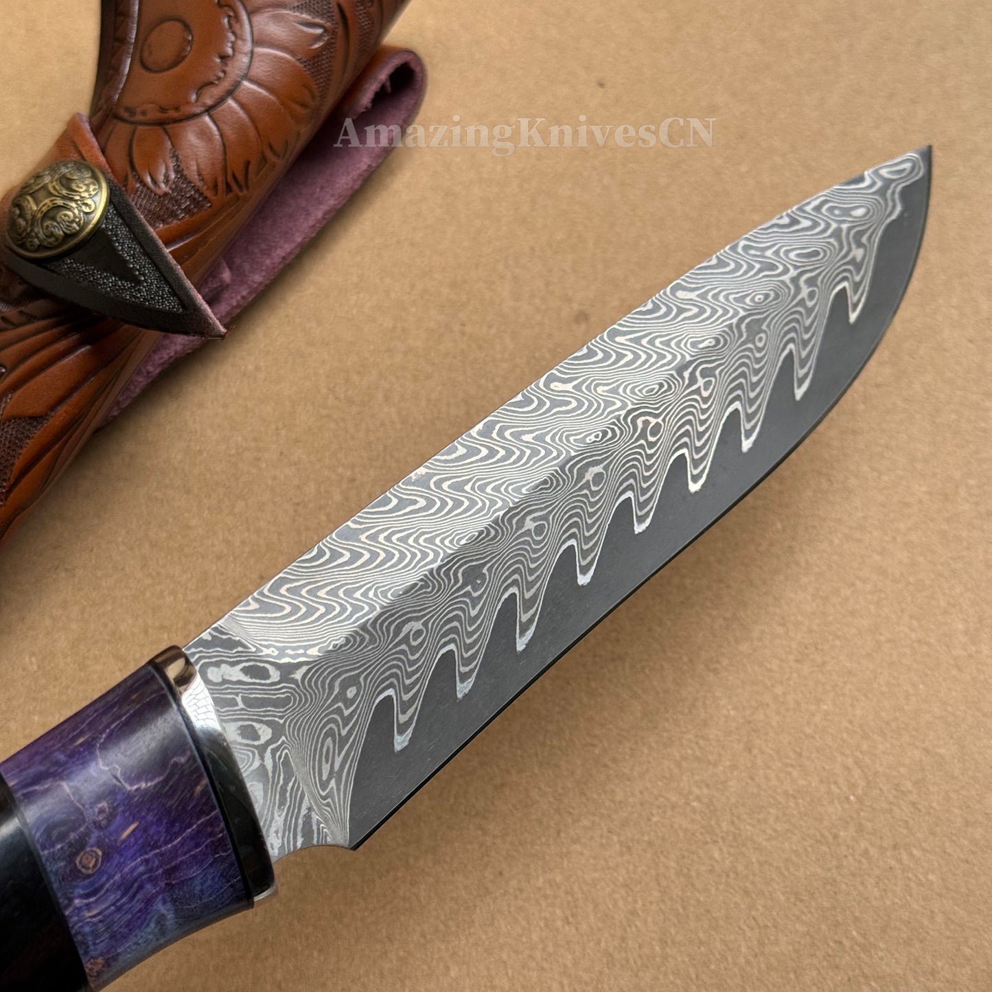 Damascus Steel Camping Hunting Knife Fixed Blade Ebony Wood Handle w/ Sheath - AK-HT0978