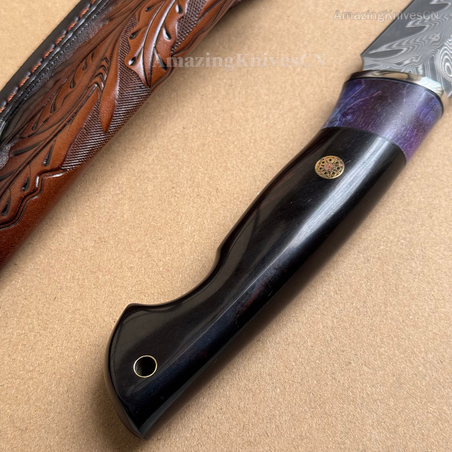 Damascus Steel Camping Hunting Knife Fixed Blade Ebony Wood Handle w/ Sheath - AK-HT0978