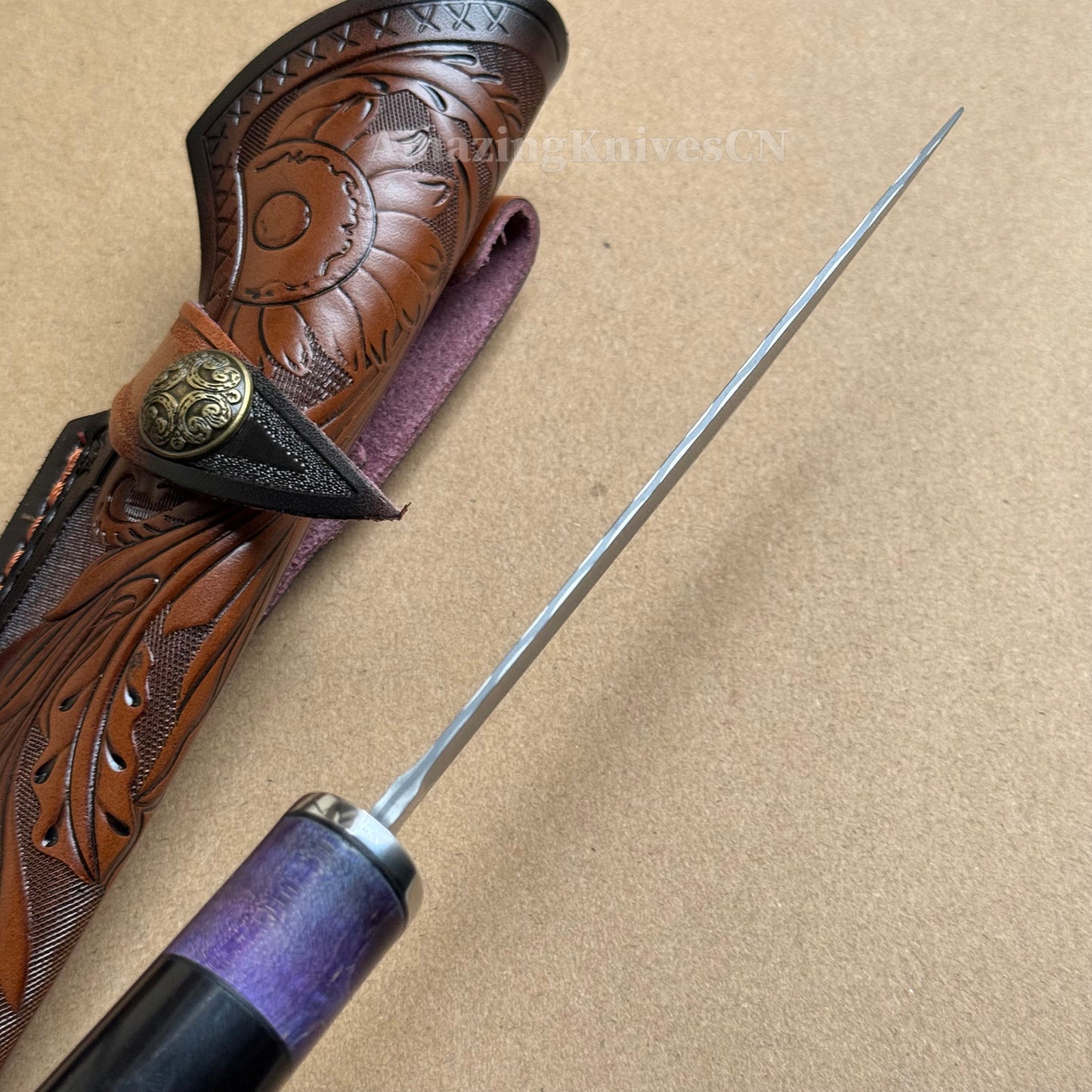 Damascus Steel Camping Hunting Knife Fixed Blade Ebony Wood Handle w/ Sheath - AK-HT0978