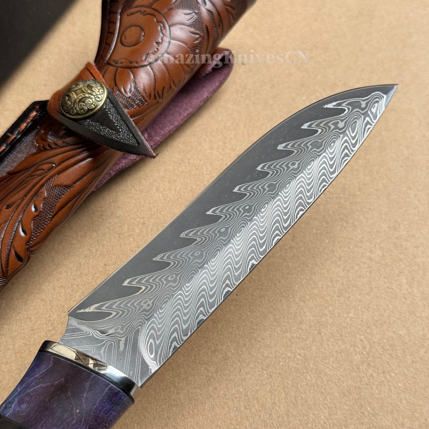 Damascus Steel Camping Hunting Knife Fixed Blade Ebony Wood Handle w/ Sheath - AK-HT0978