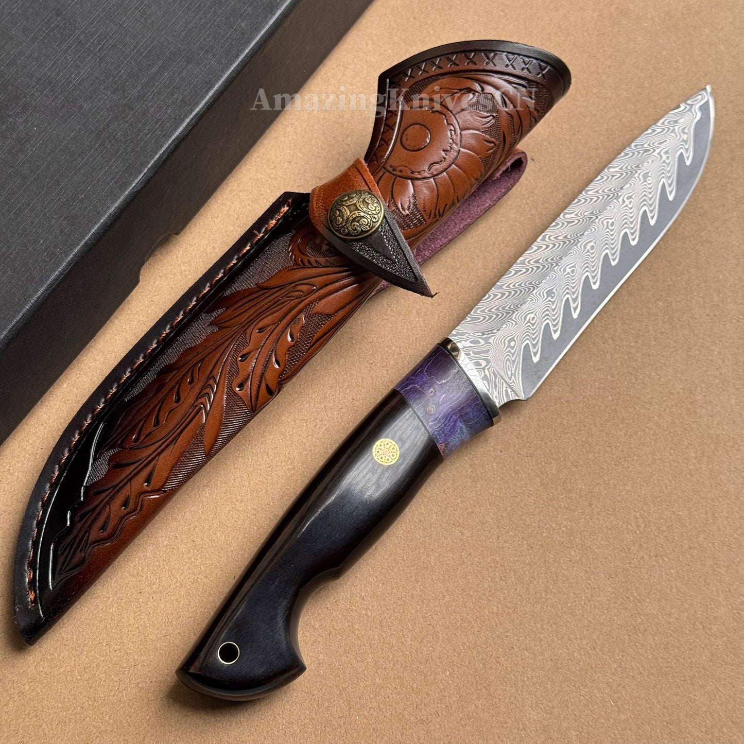 Damascus Steel Camping Hunting Knife Fixed Blade Ebony Wood Handle w/ Sheath - AK-HT0978