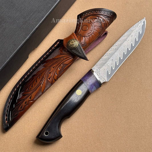 Damascus Steel Camping Hunting Knife Fixed Blade Ebony Wood Handle w/ Sheath - AK-HT0978