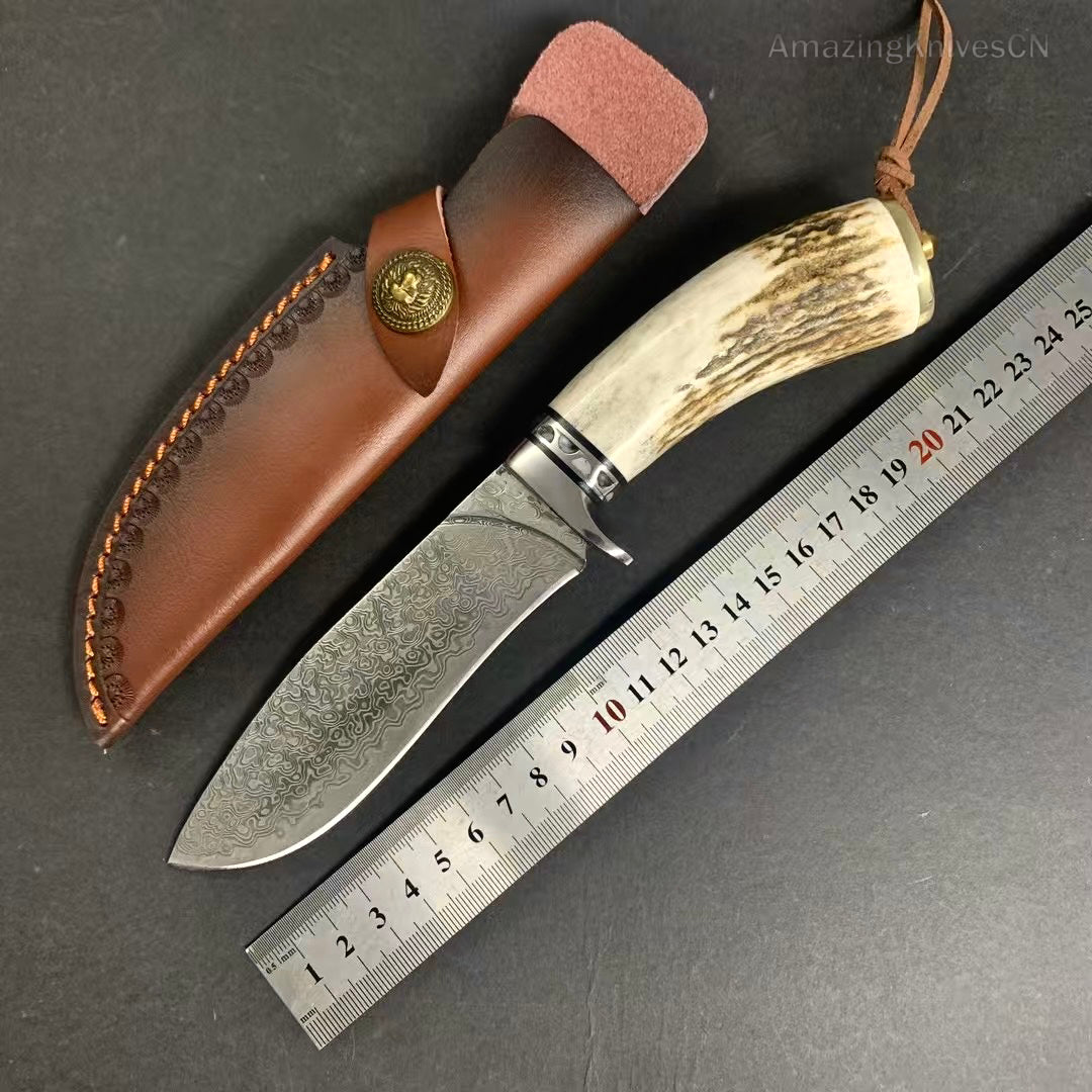 Damascus Survival Outdoor Camping Hunting Knife Fixed Blade Stag Antler w/ Sheath - AK-HT0971