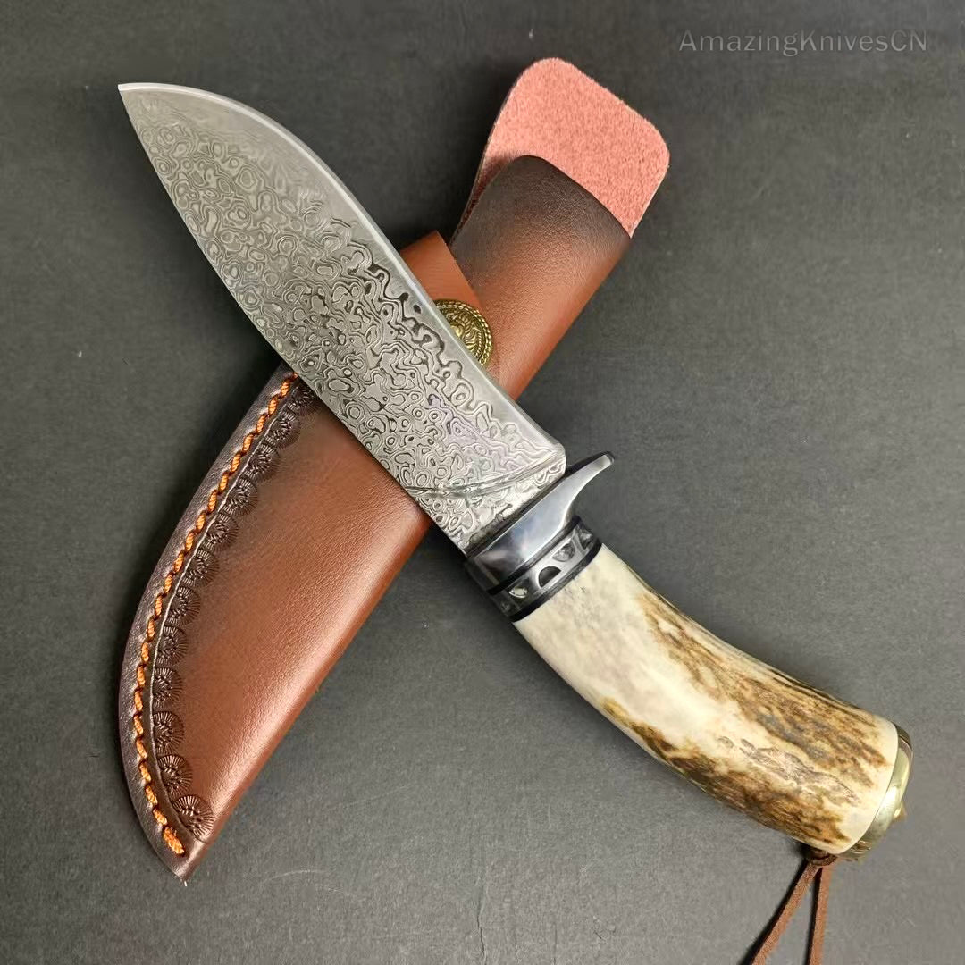 Damascus Survival Outdoor Camping Hunting Knife Fixed Blade Stag Antler w/ Sheath - AK-HT0971
