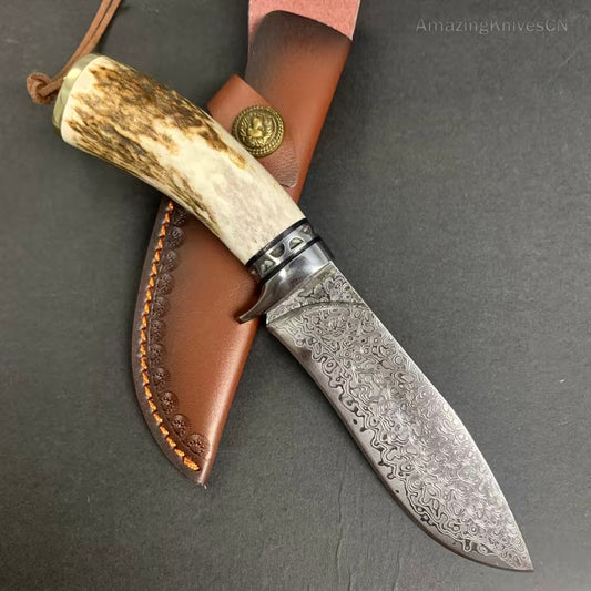 Damascus Survival Outdoor Camping Hunting Knife Fixed Blade Stag Antler w/ Sheath - AK-HT0971