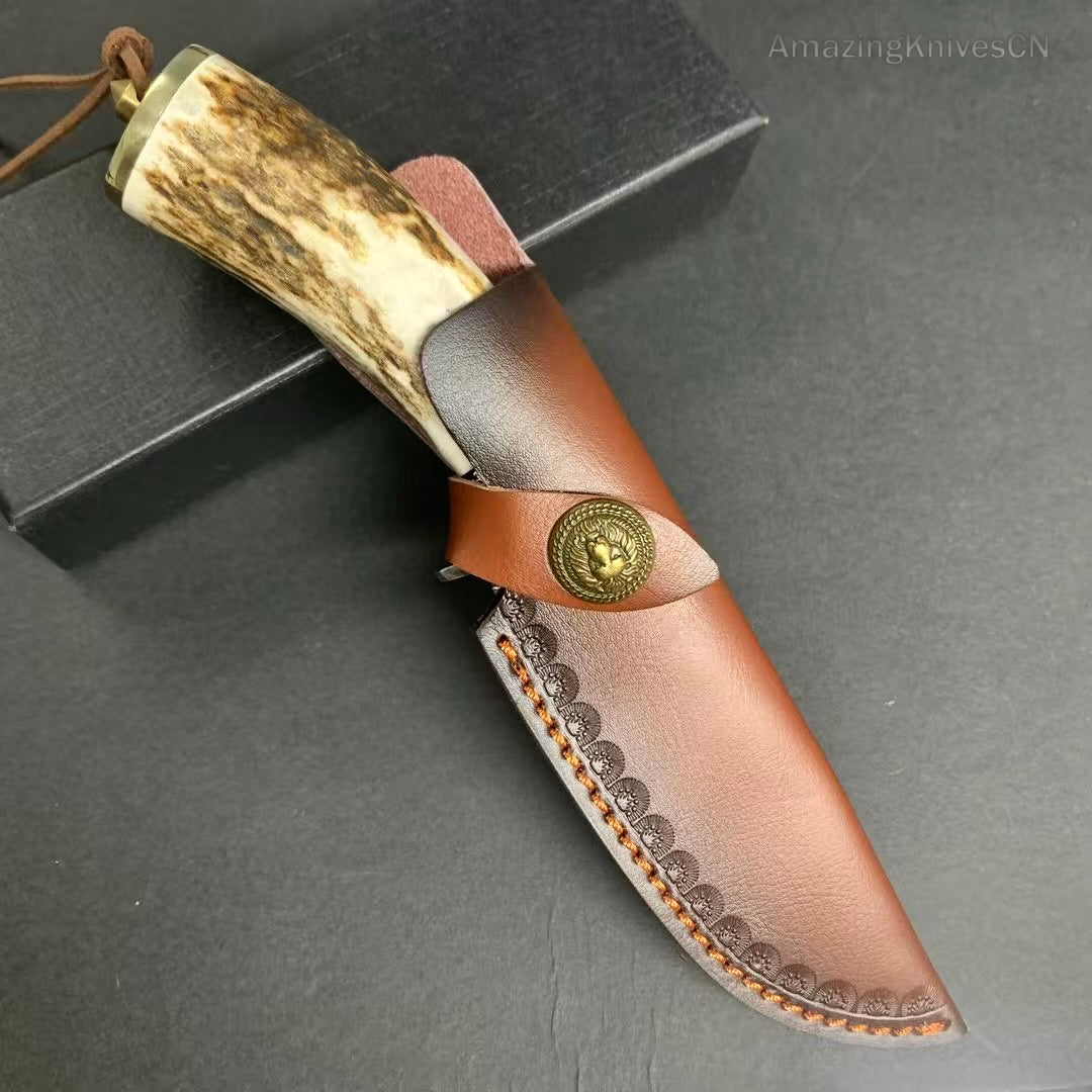 Damascus Survival Outdoor Camping Hunting Knife Fixed Blade Stag Antler w/ Sheath - AK-HT0971