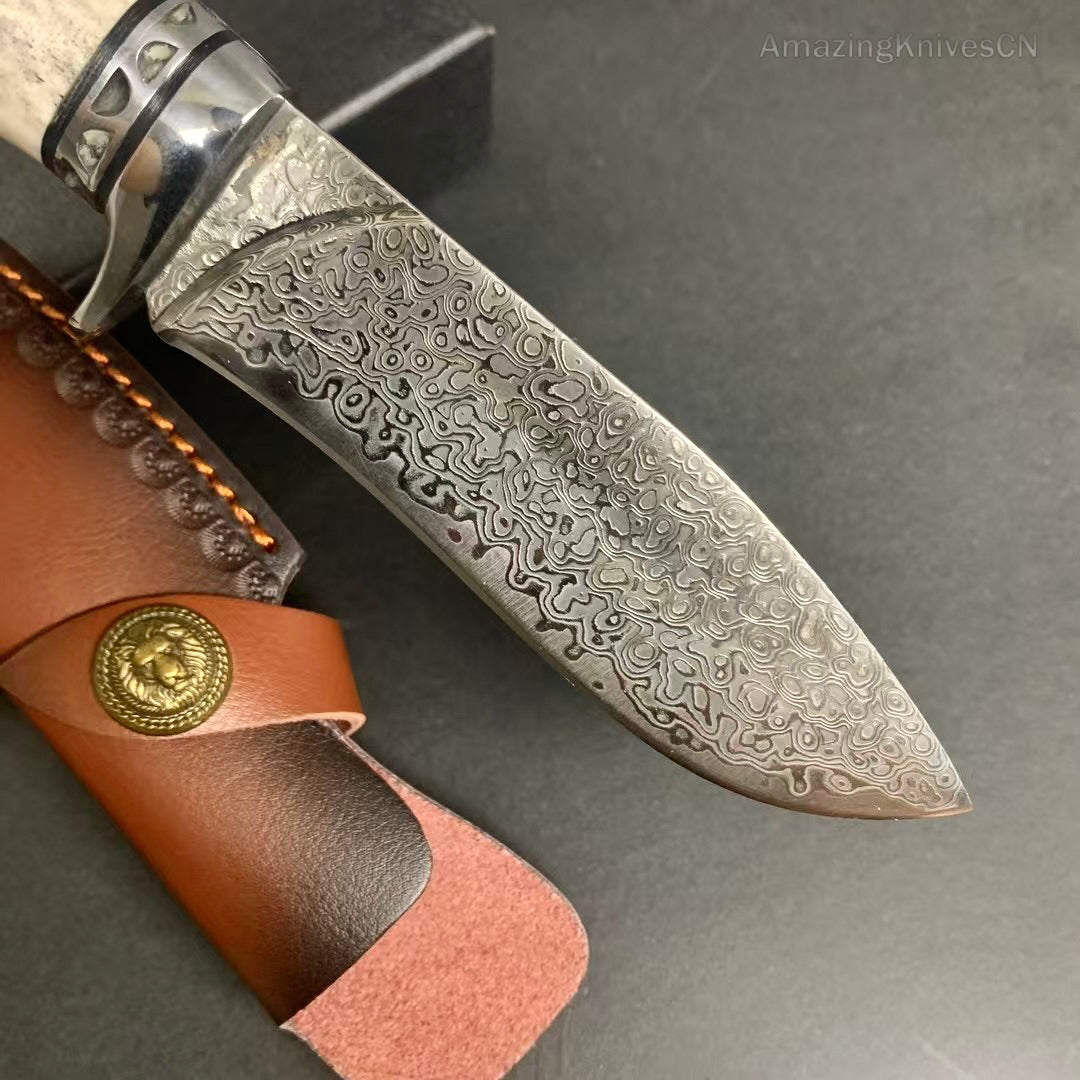 Damascus Survival Outdoor Camping Hunting Knife Fixed Blade Stag Antler w/ Sheath - AK-HT0971