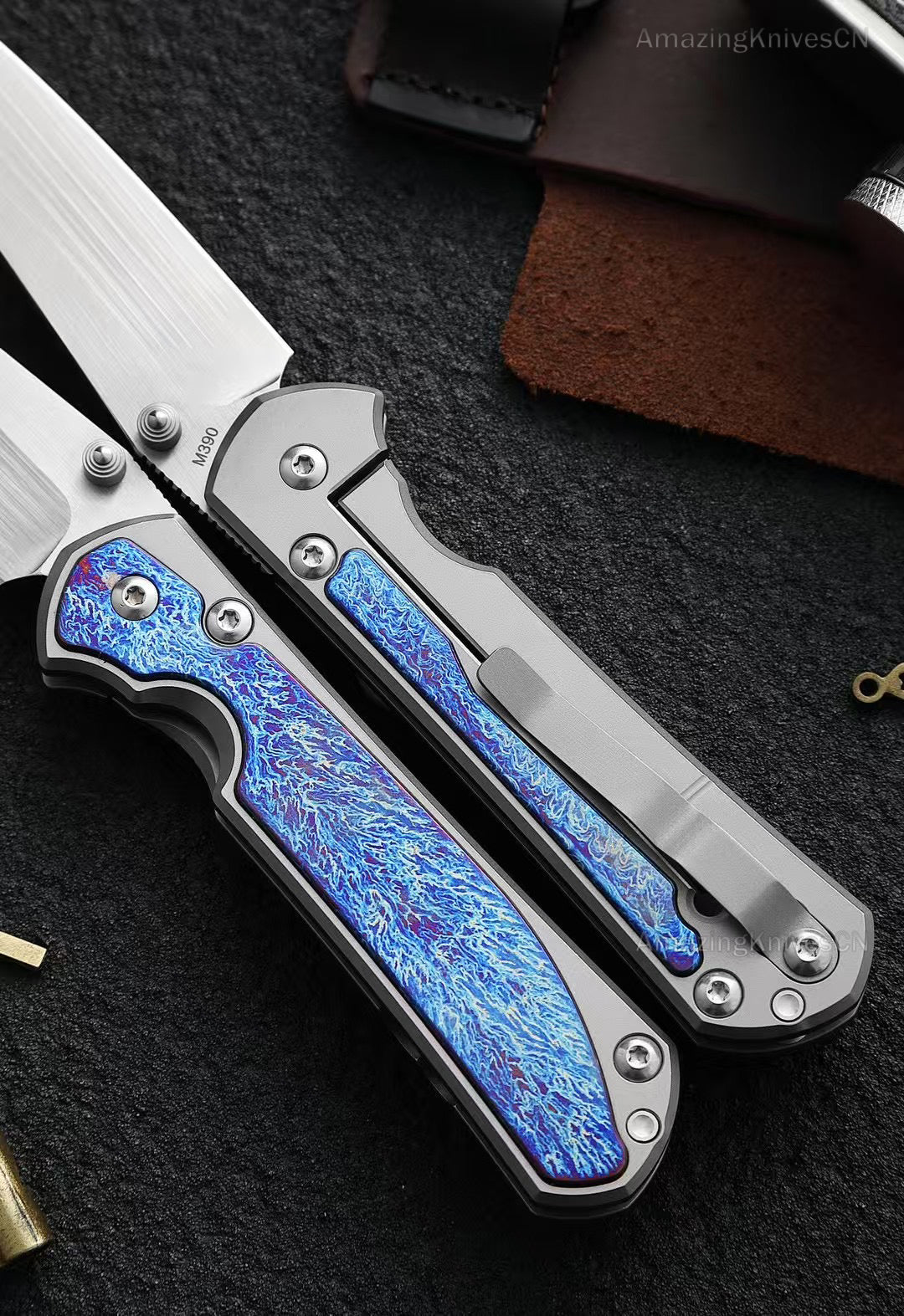 Premium M390 Blade Pocket Knife Tactical Folding Knives Titanium w/ Clip & Sheath -AK-HT0983