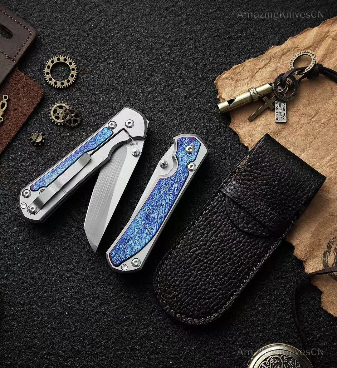 Premium M390 Blade Pocket Knife Tactical Folding Knives Titanium w/ Clip & Sheath -AK-HT0983