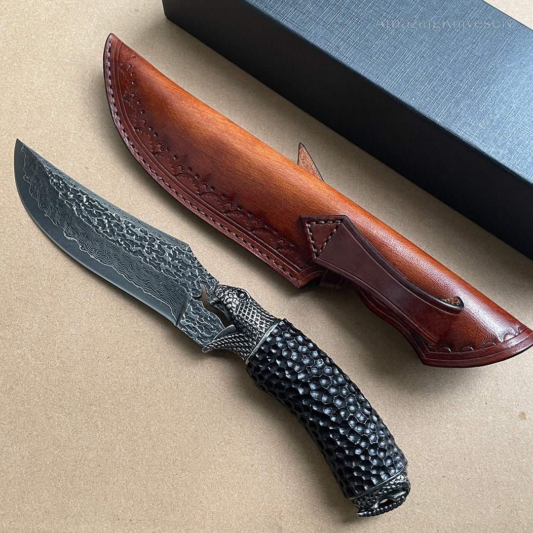 Vg10 Damascus Hunting Knife Fixed Blade Carved Snake -AK-HT0285-B