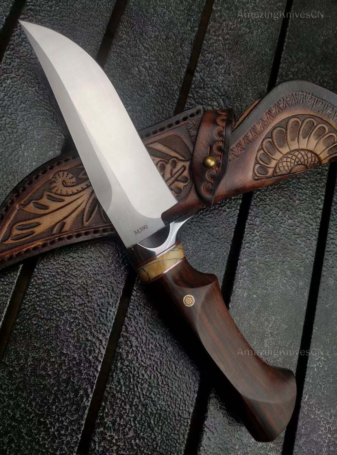 High Quality M390 Steel Bowie Knife Fixed Blade Ironwood Handle with Leather Sheath - AK-HT0839-M