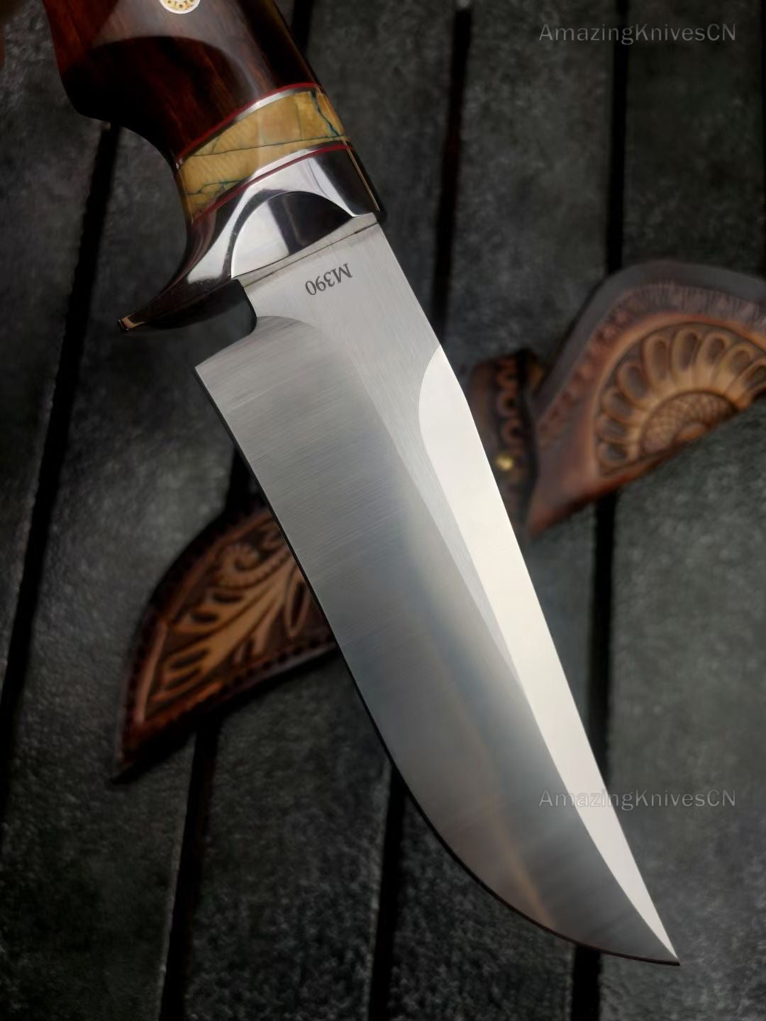 High Quality M390 Steel Bowie Knife Fixed Blade Ironwood Handle with Leather Sheath - AK-HT0839-M