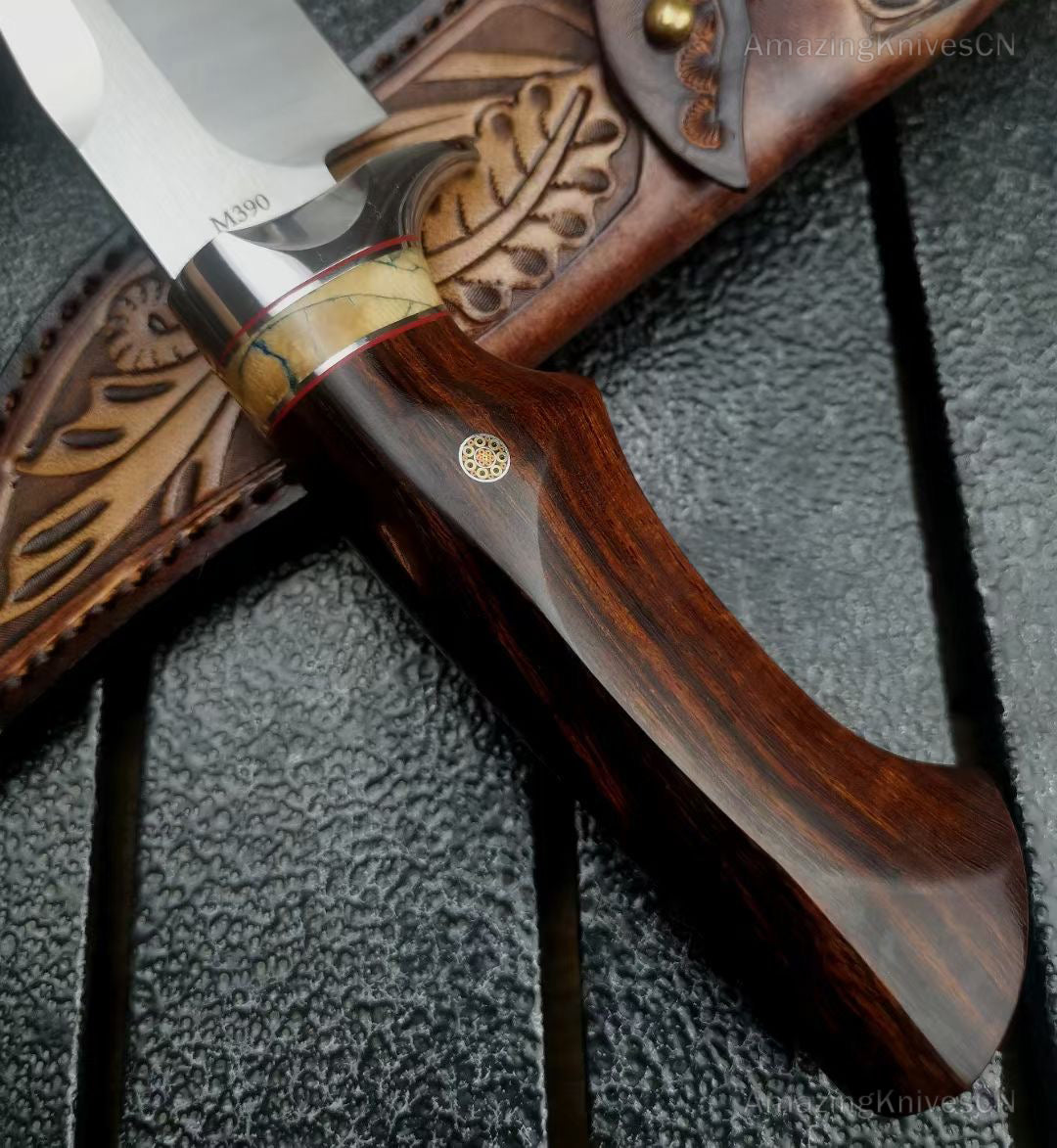 High Quality M390 Steel Bowie Knife Fixed Blade Ironwood Handle with Leather Sheath - AK-HT0839-M