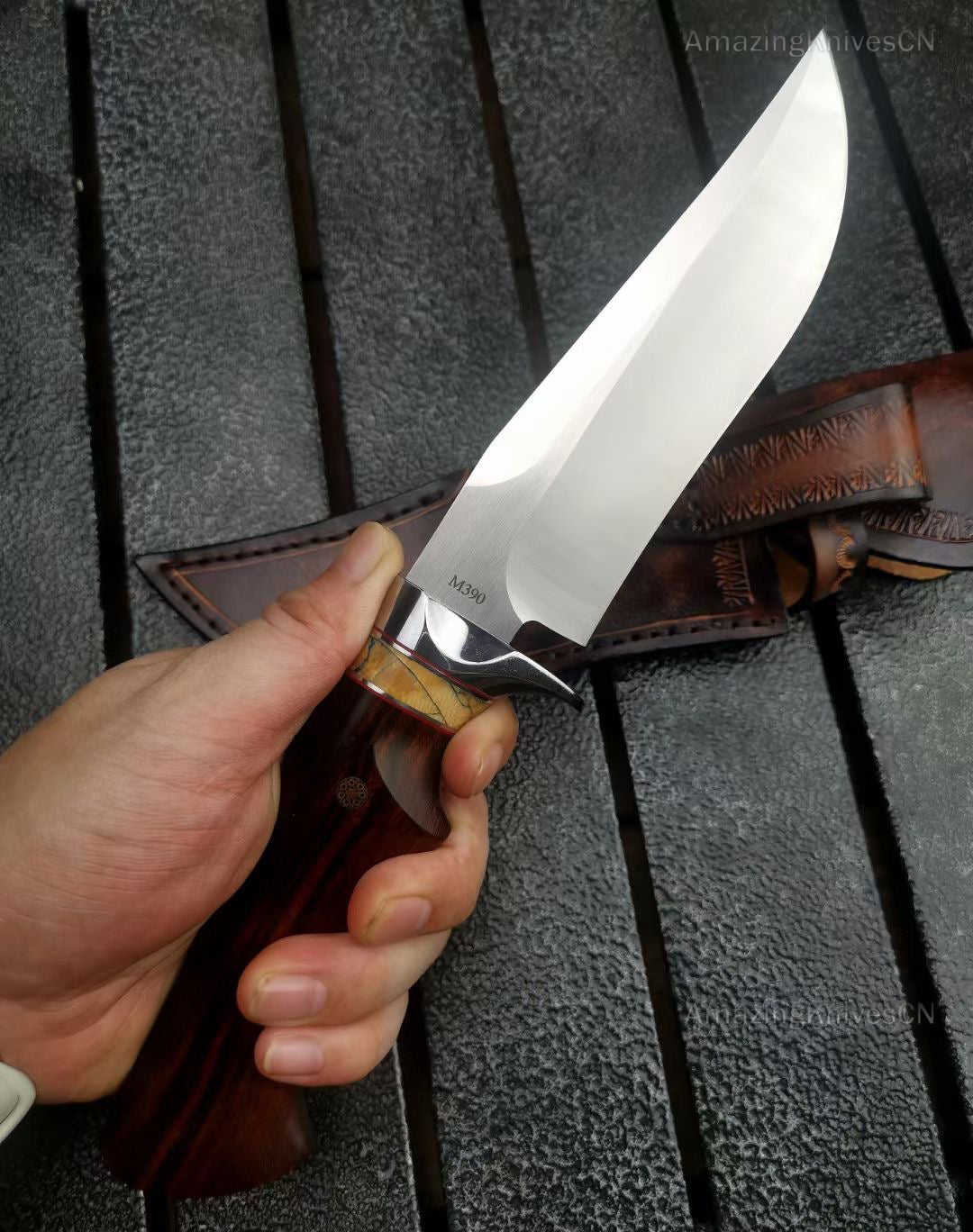 High Quality M390 Steel Bowie Knife Fixed Blade Ironwood Handle with Leather Sheath - AK-HT0839-M