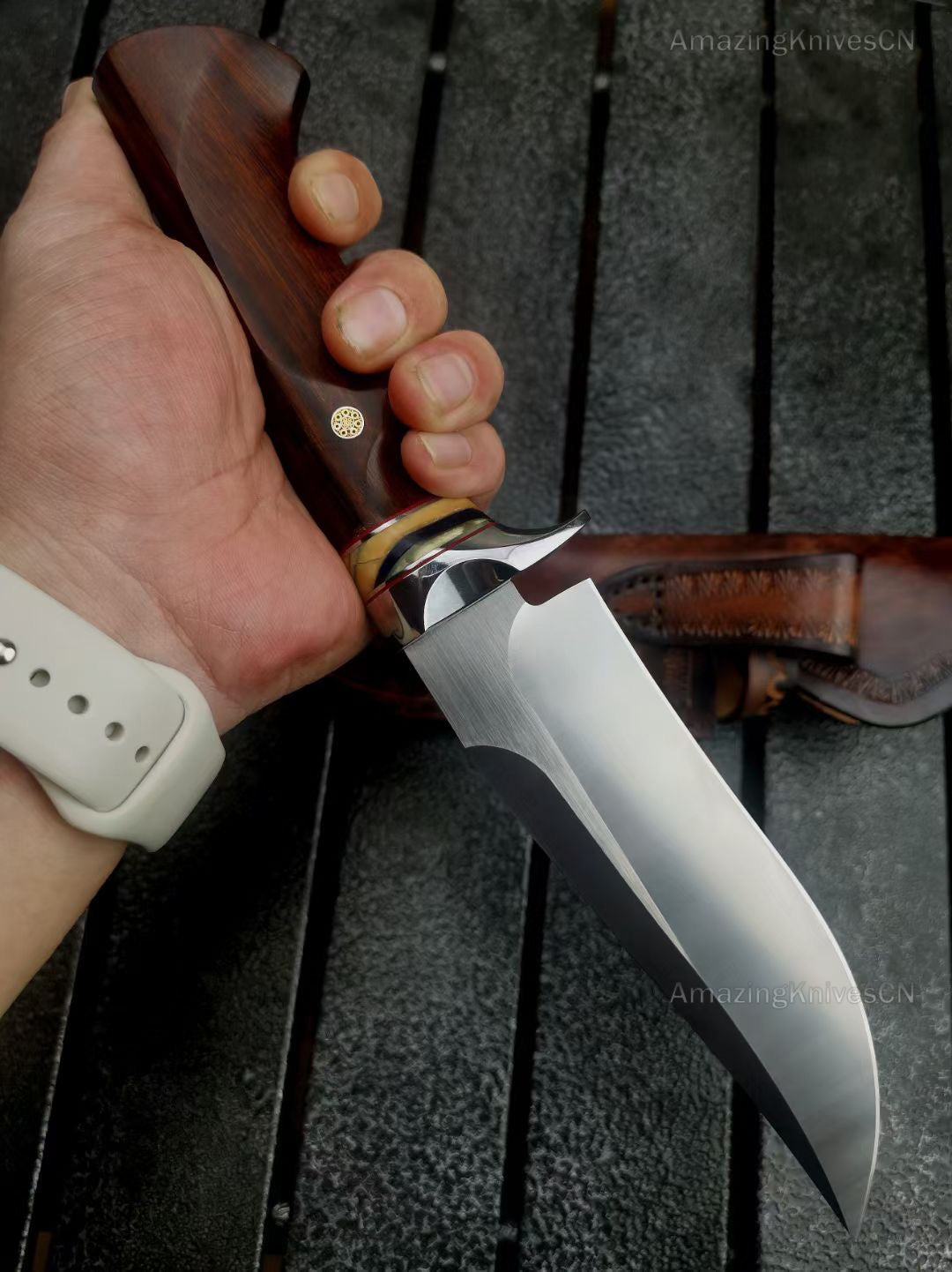 High Quality M390 Steel Bowie Knife Fixed Blade Ironwood Handle with Leather Sheath - AK-HT0839-M