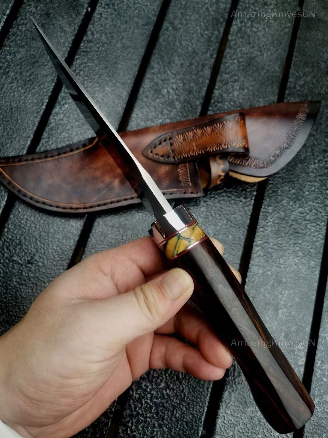 High Quality M390 Steel Bowie Knife Fixed Blade Ironwood Handle with Leather Sheath - AK-HT0839-M