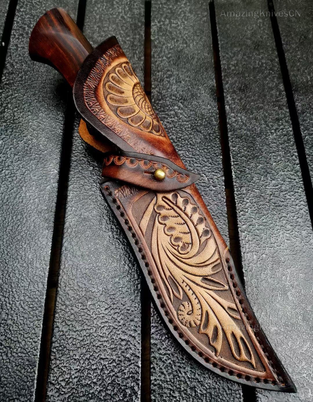 High Quality M390 Steel Bowie Knife Fixed Blade Ironwood Handle with Leather Sheath - AK-HT0839-M