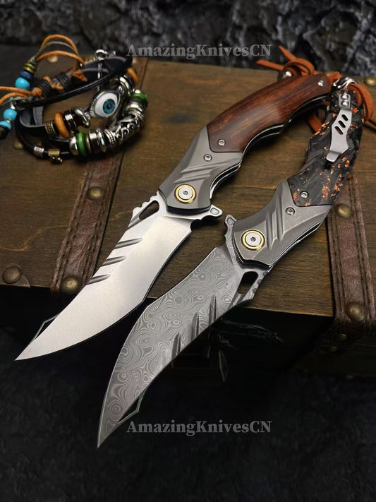 Damascus Steel M390 Pocket Knife Carbon Fiber Ironwood Folding Knife w/Sheath - AK-HT0984