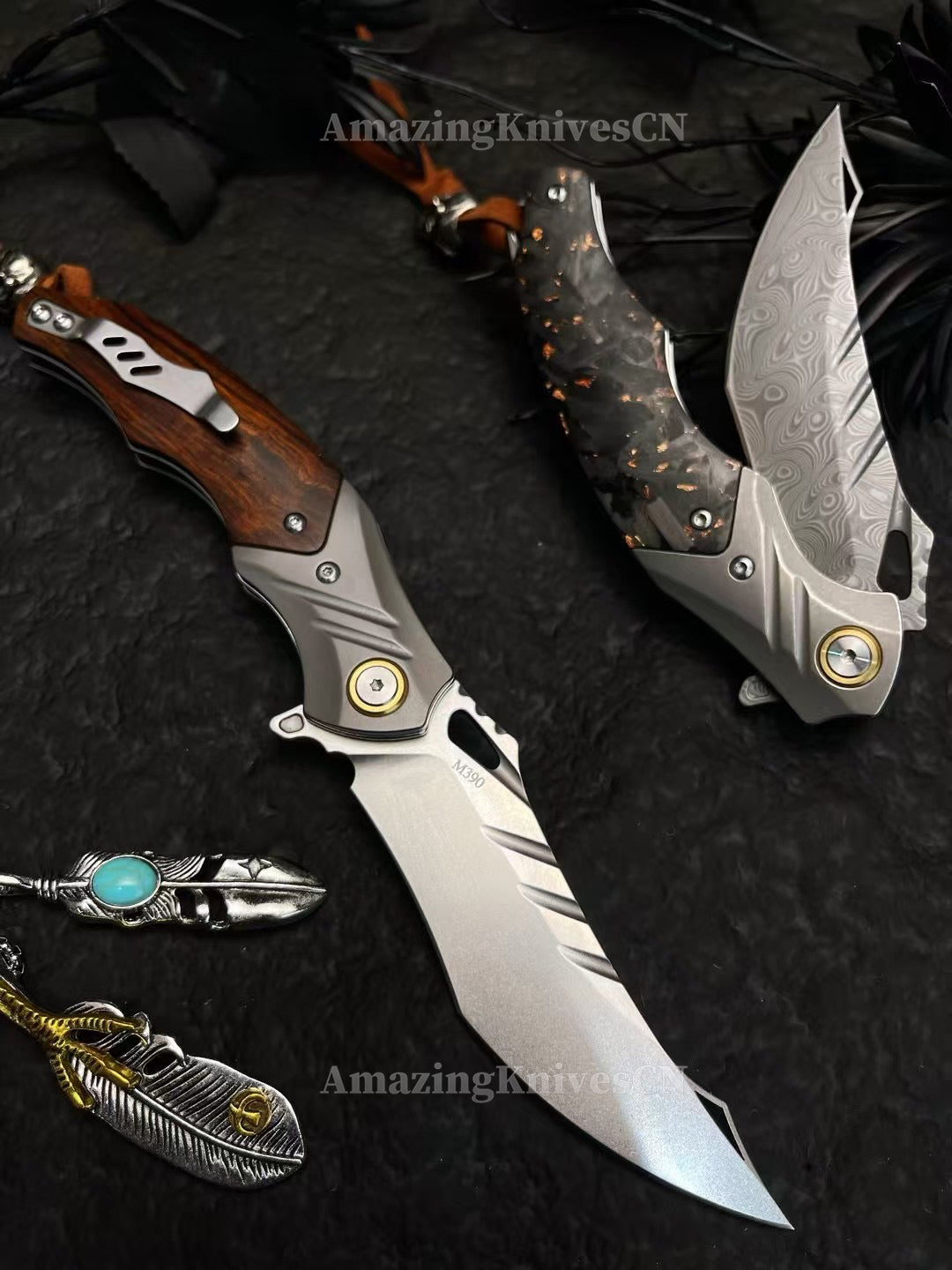 Damascus Steel M390 Pocket Knife Carbon Fiber Ironwood Folding Knife w/Sheath - AK-HT0984