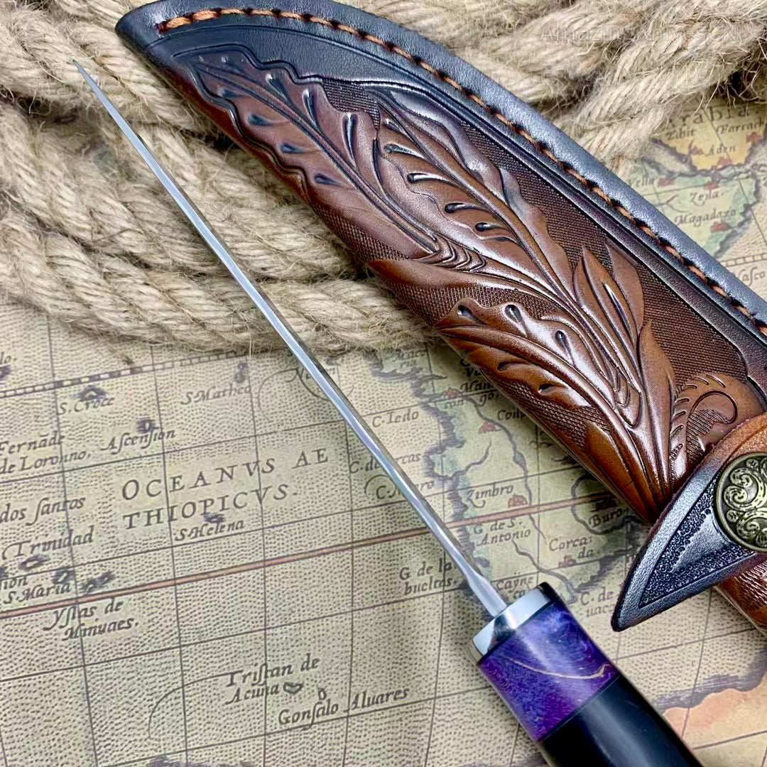 Damascus Steel Camping Hunting Knife Fixed Blade Ebony Wood Handle w/ Sheath - AK-HT0978