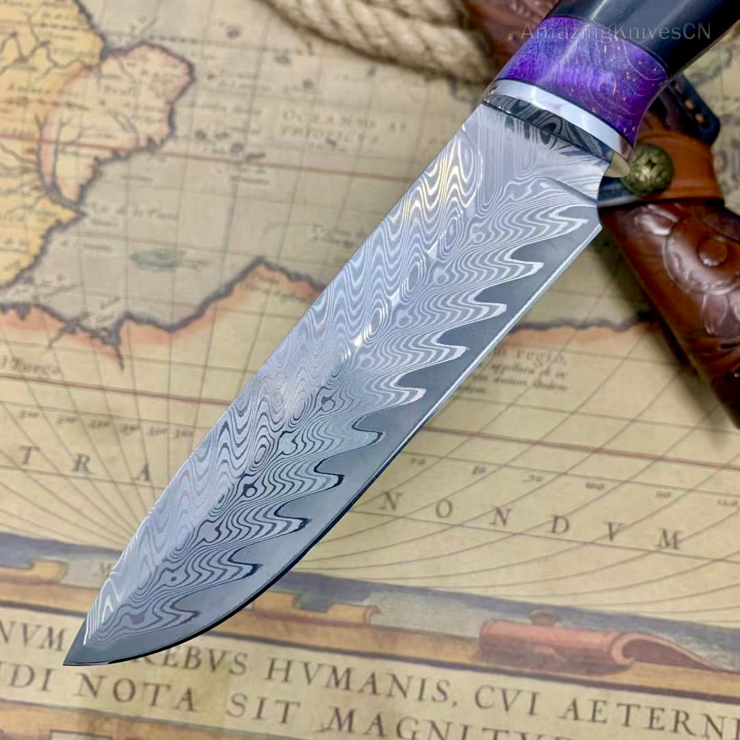 Damascus Steel Camping Hunting Knife Fixed Blade Ebony Wood Handle w/ Sheath - AK-HT0978