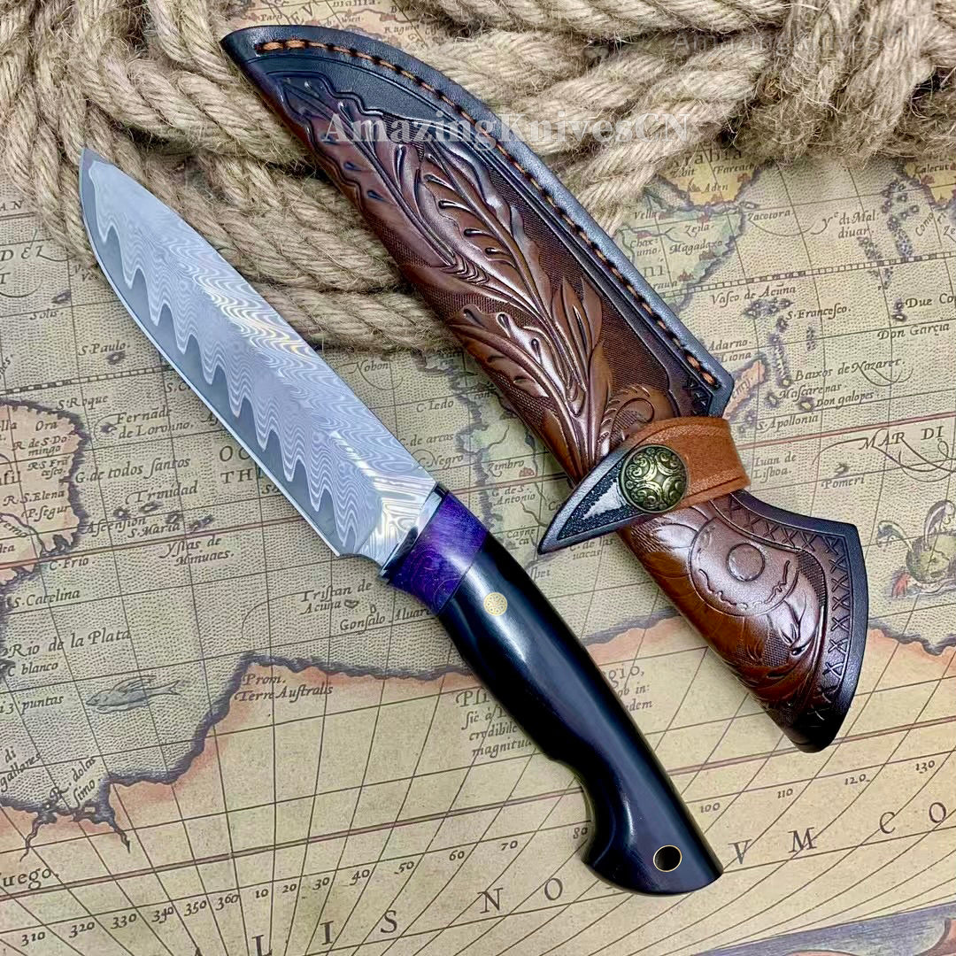 Damascus Steel Camping Hunting Knife Fixed Blade Ebony Wood Handle w/ Sheath - AK-HT0978