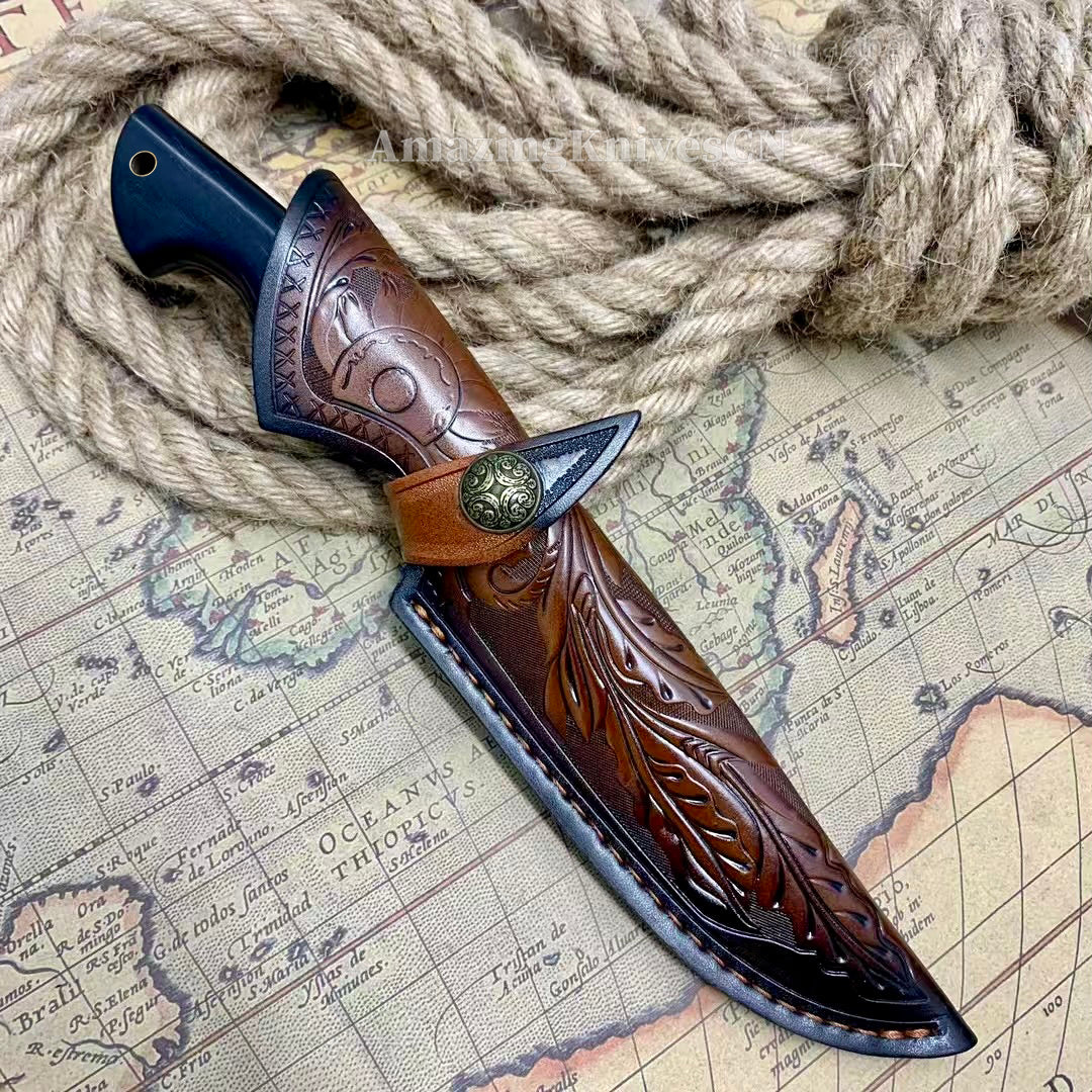 Damascus Steel Camping Hunting Knife Fixed Blade Ebony Wood Handle w/ Sheath - AK-HT0978