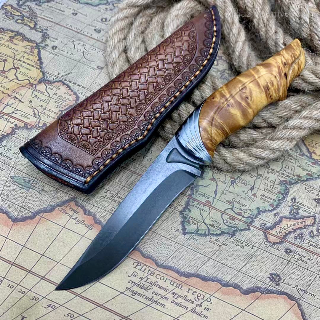Handcrafted Wootz Steel Fixed Blade Outdoor Collectible Knife Stabilized Wood Handle with Leather Sheath - AK-HT0979
