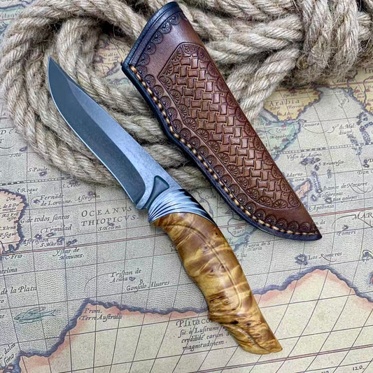 Handcrafted Wootz Steel Fixed Blade Outdoor Collectible Knife Stabilized Wood Handle with Leather Sheath - AK-HT0979