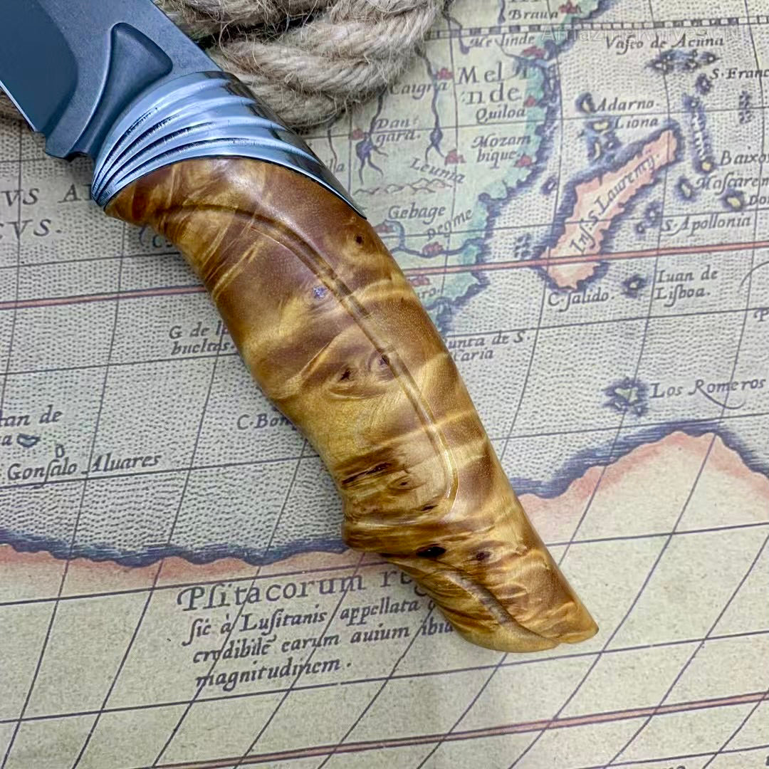 Handcrafted Wootz Steel Fixed Blade Outdoor Collectible Knife Stabilized Wood Handle with Leather Sheath - AK-HT0979