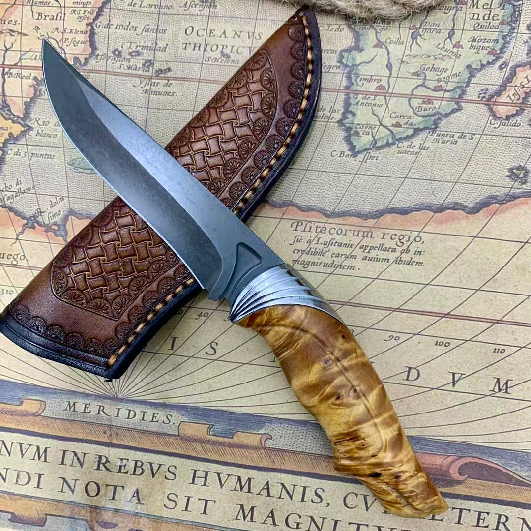 Handcrafted Wootz Steel Fixed Blade Outdoor Collectible Knife Stabilized Wood Handle with Leather Sheath - AK-HT0979