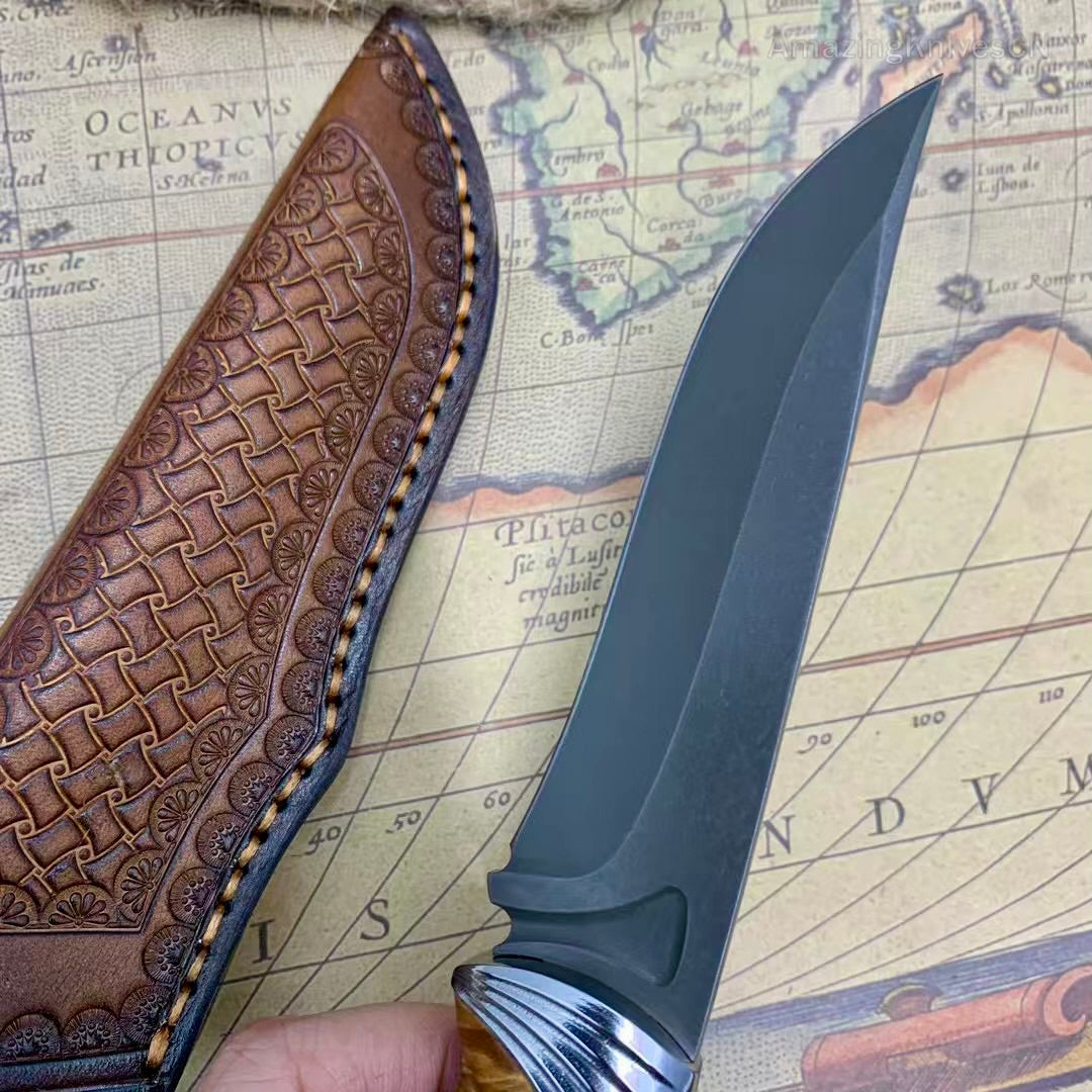 Handcrafted Wootz Steel Fixed Blade Outdoor Collectible Knife Stabilized Wood Handle with Leather Sheath - AK-HT0979