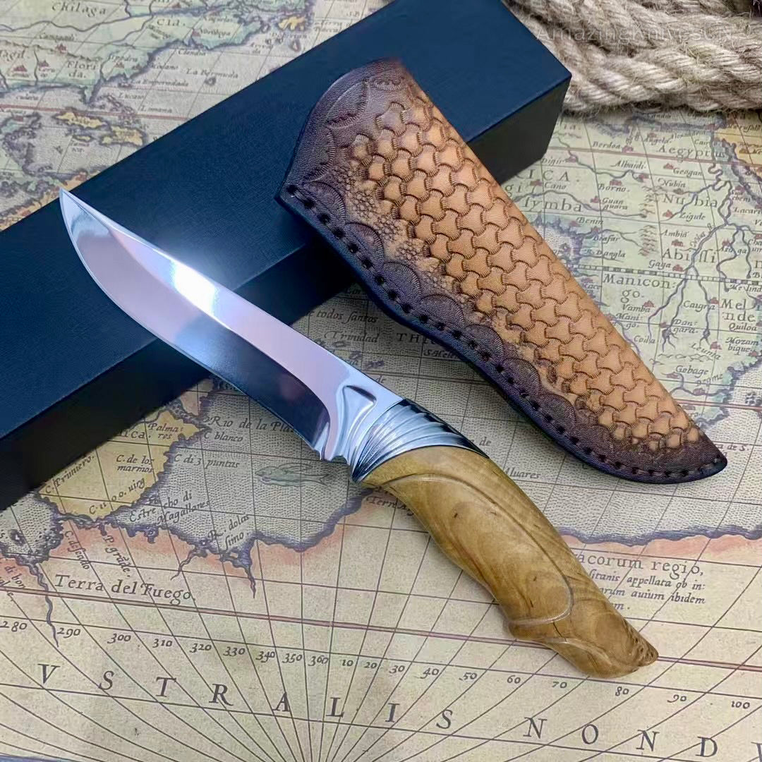 Handcrafted Wootz Steel Fixed Blade Outdoor Collectible Knife Stabilized Wood Handle with Leather Sheath - AK-HT0979
