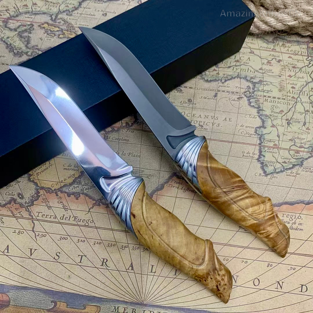 Handcrafted Wootz Steel Fixed Blade Outdoor Collectible Knife Stabilized Wood Handle with Leather Sheath - AK-HT0979