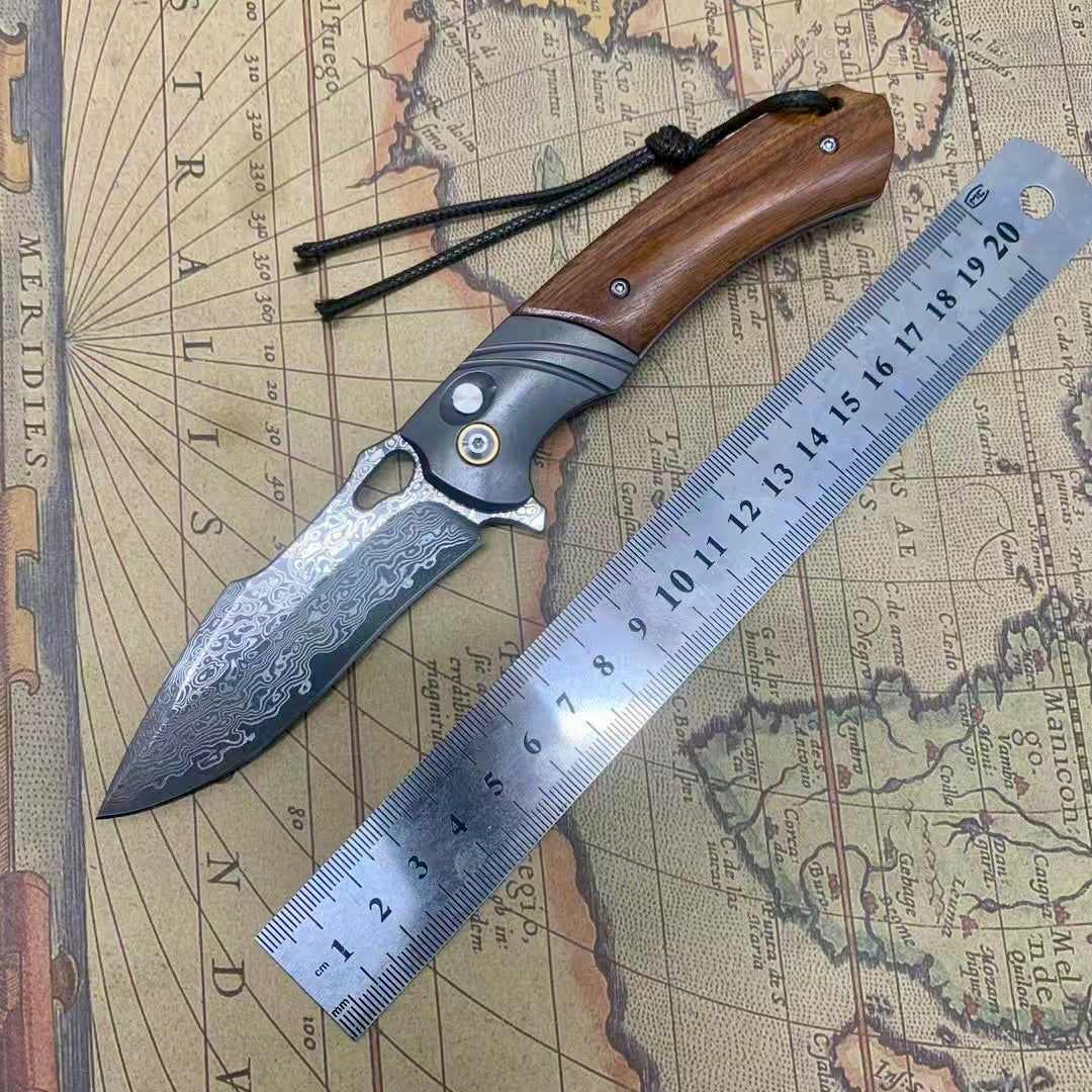 Handmade Damascus Steel Pocket Knife Wood Handle with Clip - AK-HT0981