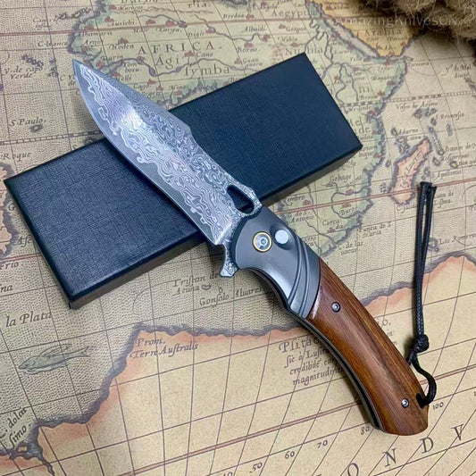 Handmade Damascus Steel Pocket Knife Wood Handle with Clip - AK-HT0981