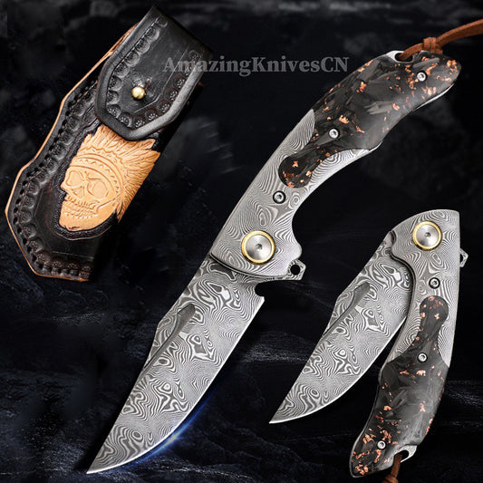 Premium Collectible VG10 Damascus Pocket Knife Carbon Fiber with Leather Sheath - AK-HT0985