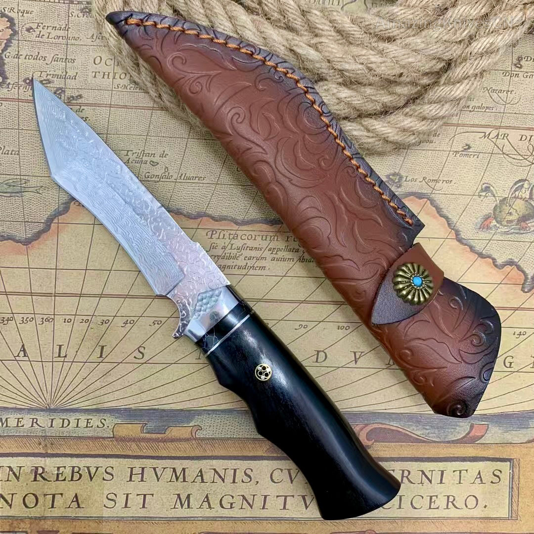 VG10 Damascus Steel Camping Hunting Knife Fixed Blade Wood Handle w/ Sheath - AK-HT0980
