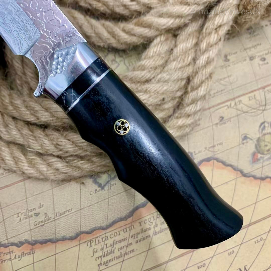 VG10 Damascus Steel Camping Hunting Knife Fixed Blade Wood Handle w/ Sheath - AK-HT0980