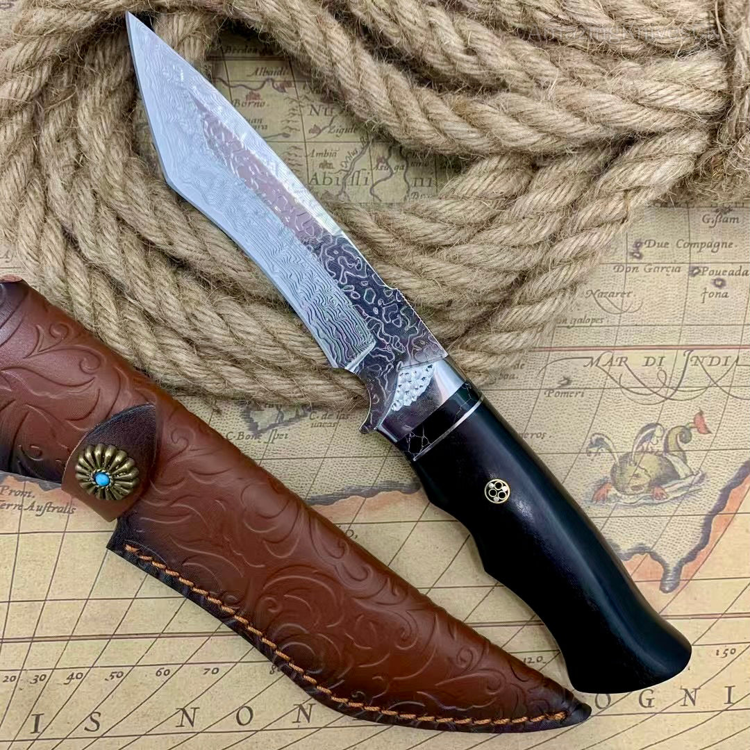 VG10 Damascus Steel Camping Hunting Knife Fixed Blade Wood Handle w/ Sheath - AK-HT0980