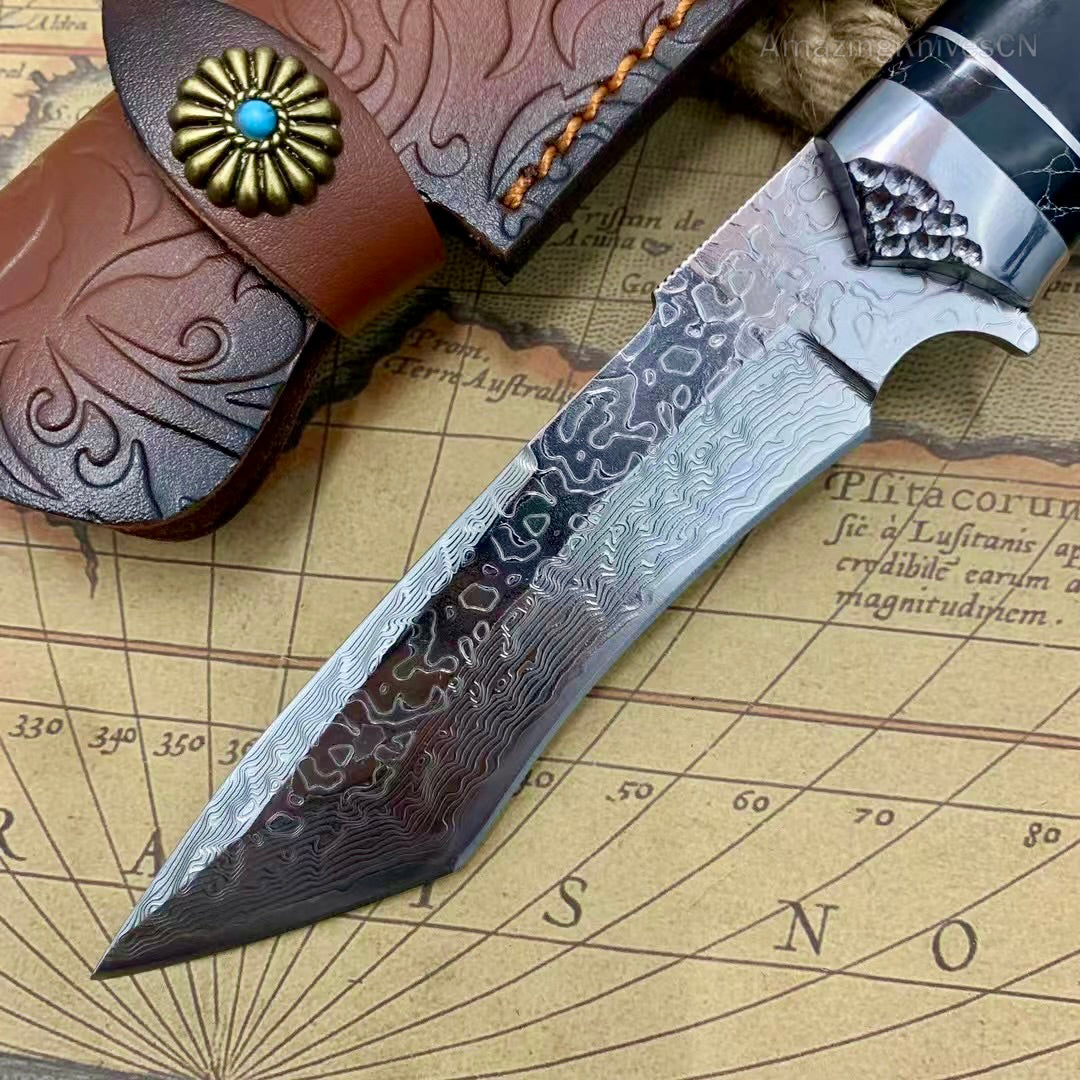 VG10 Damascus Steel Camping Hunting Knife Fixed Blade Wood Handle w/ Sheath - AK-HT0980