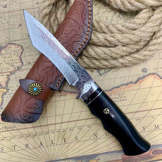 VG10 Damascus Steel Camping Hunting Knife Fixed Blade Wood Handle w/ Sheath - AK-HT0980